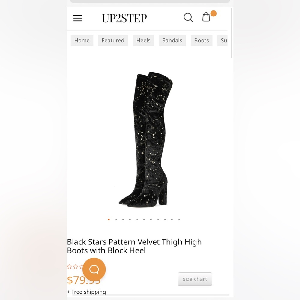 Up2Step Black Stars Pattern Velvet Thigh High Boots with Block Heel